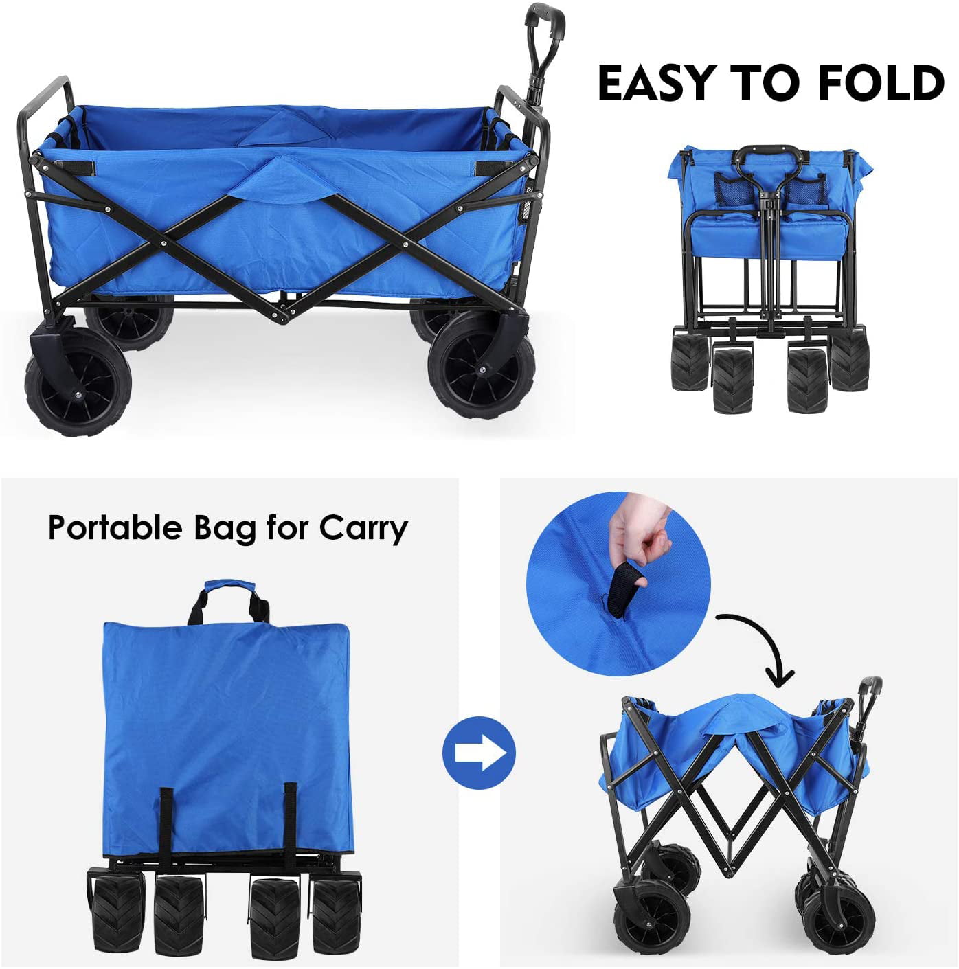 LAZY BUDDY Heavy Duty Beach Cart Collapsible Utility Wagon Garden Cart All Terrain Wheels - Blue