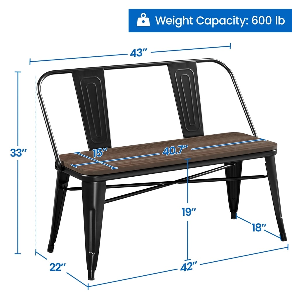 Yaheetech Metal Dining Bench with Wooden Top and Detachable Backrest  Black