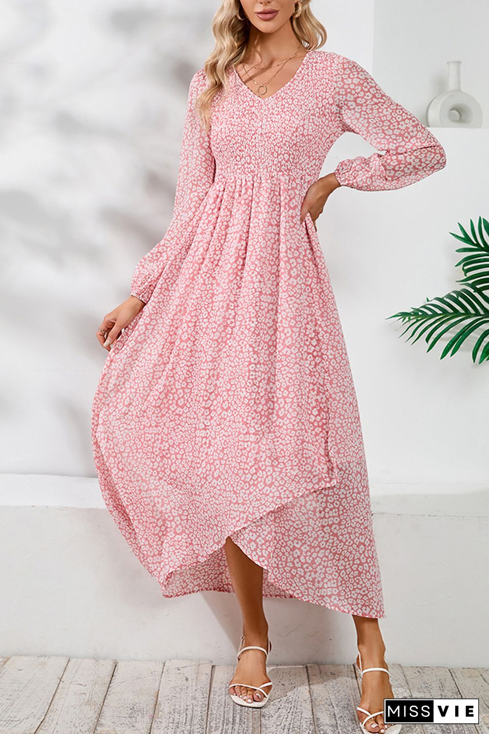 V Neck Puff Sleeves Split Printing Maxi Dress