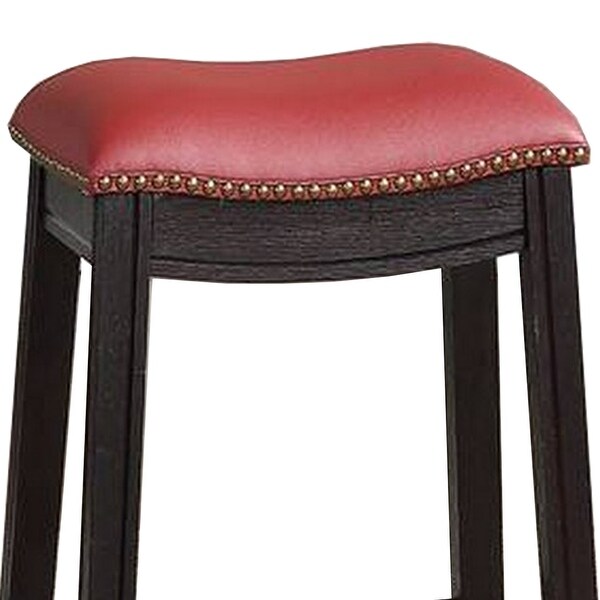 24 Inch Padded Counter Stool with Nailhead Trim， Set of 2， Brown and Red