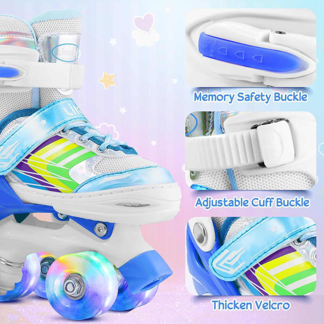 4 Size Adjustable Kids Roller Skates， Double Row Skates with Light up Wheels， for Boys， Girls， Beginners， Blue