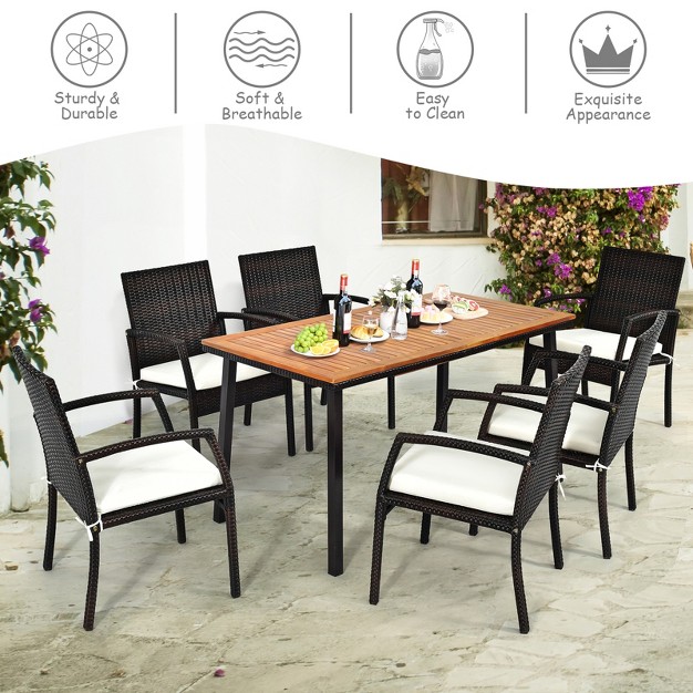 Tangkula 7pcs Patio Rattan Furniture Dining Set Wooden Table Cushioned Chair