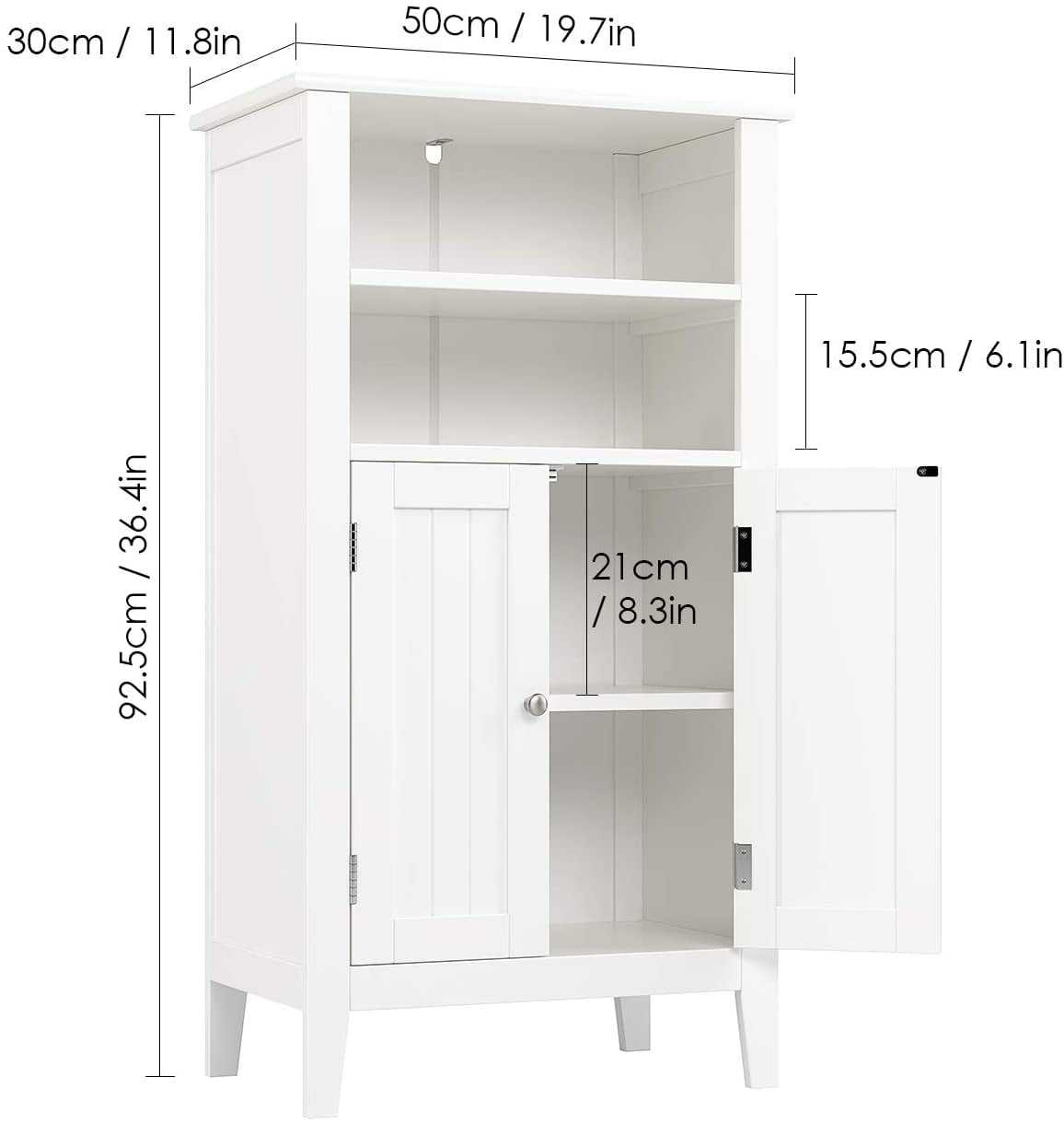 Homfa 2 Tier Shelves Bathroom Storage Cabinet, Wood Storage Floor Cabinet with 2 Doors, White