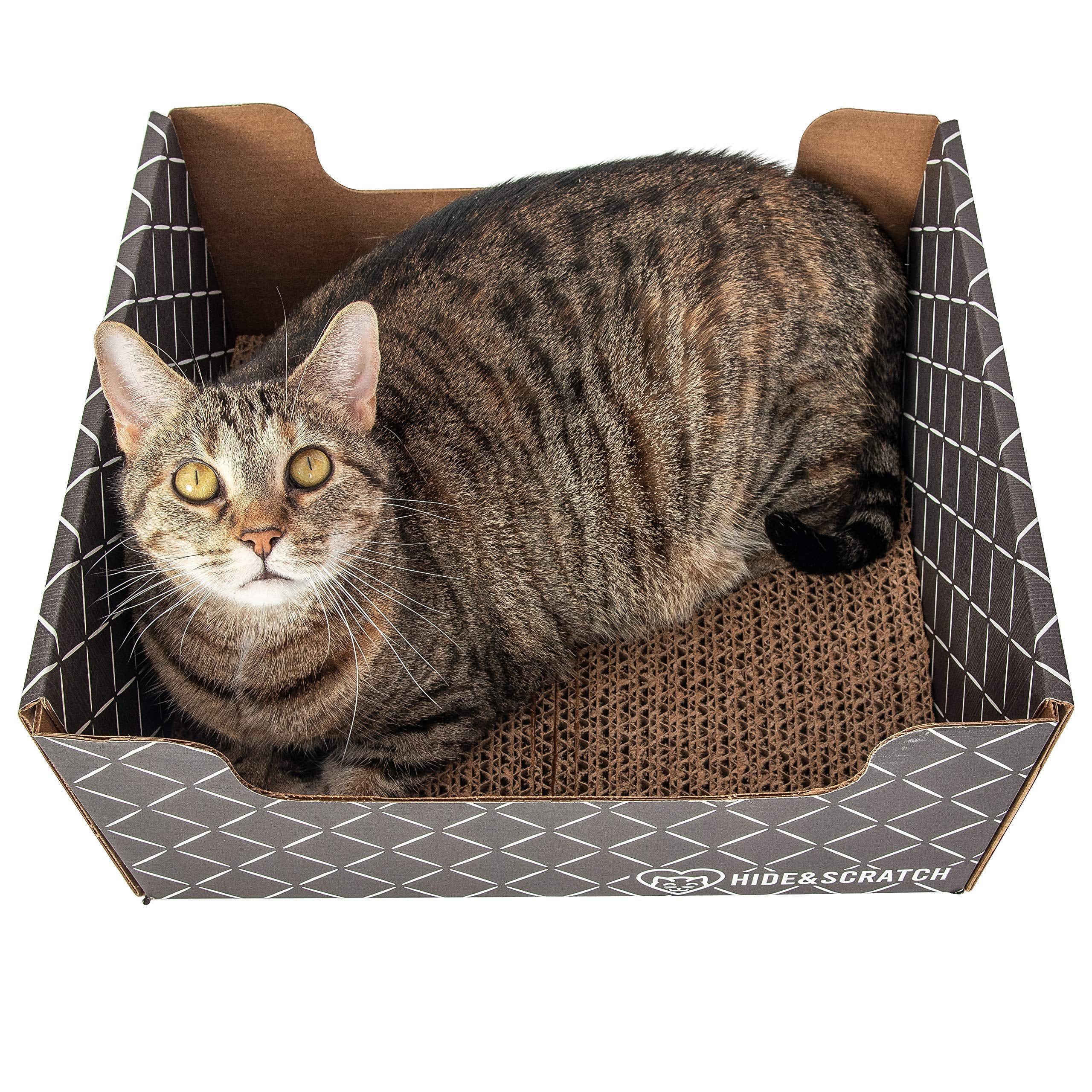 Hide and Scratch: Extra-Large Heavy Duty Cardboard Cat Scratcher and Lounger Box with Refillable Scratch Pad - Multiple Colors