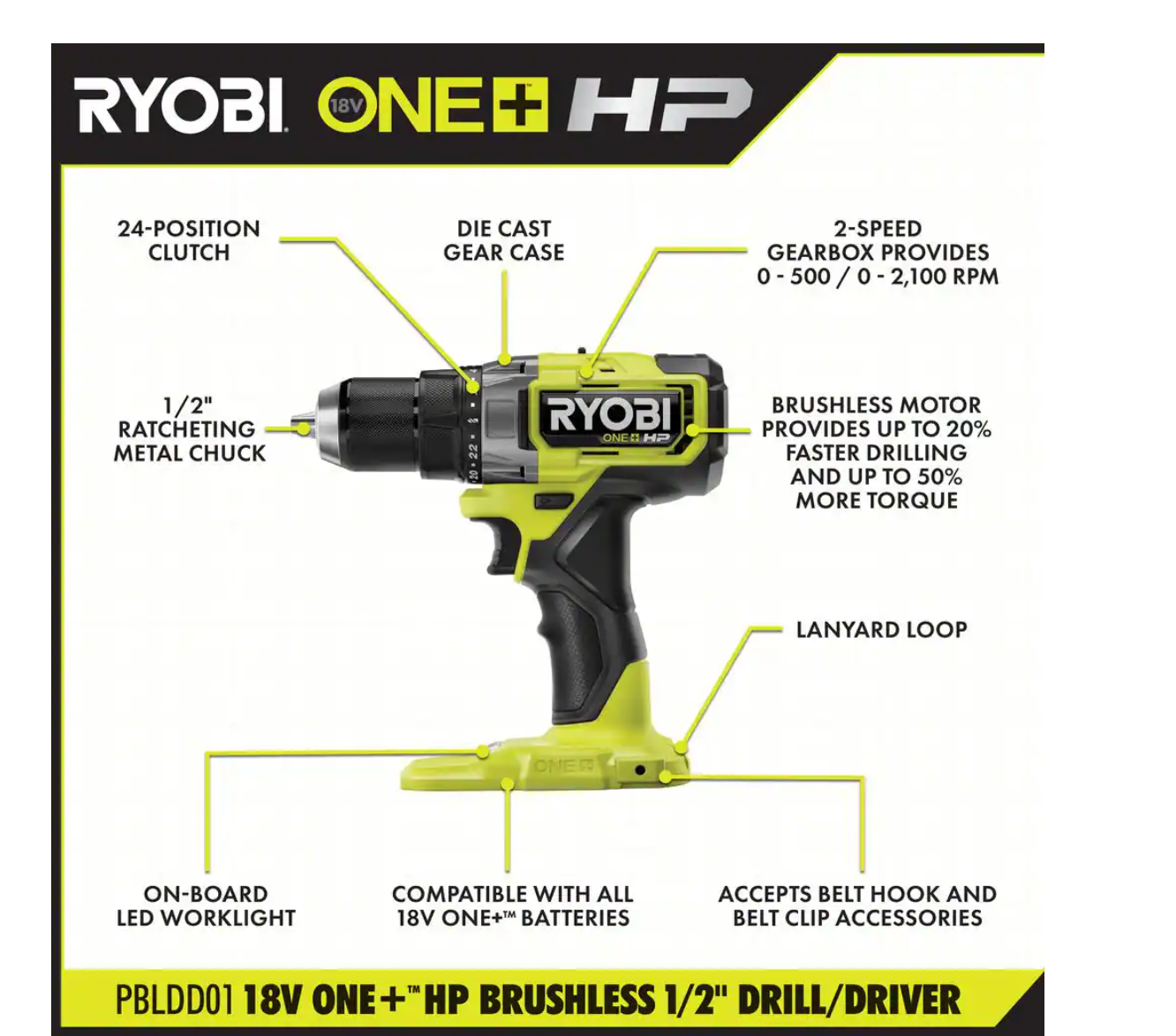 RYOBI PBLDD01K-A989504 ONE+ HP 18V Brushless Cordless 1/2 in. Drill/Driver Kit w/(2) Batteries， Charger， Bag， and Drill and Drive Kit (95-Piece)