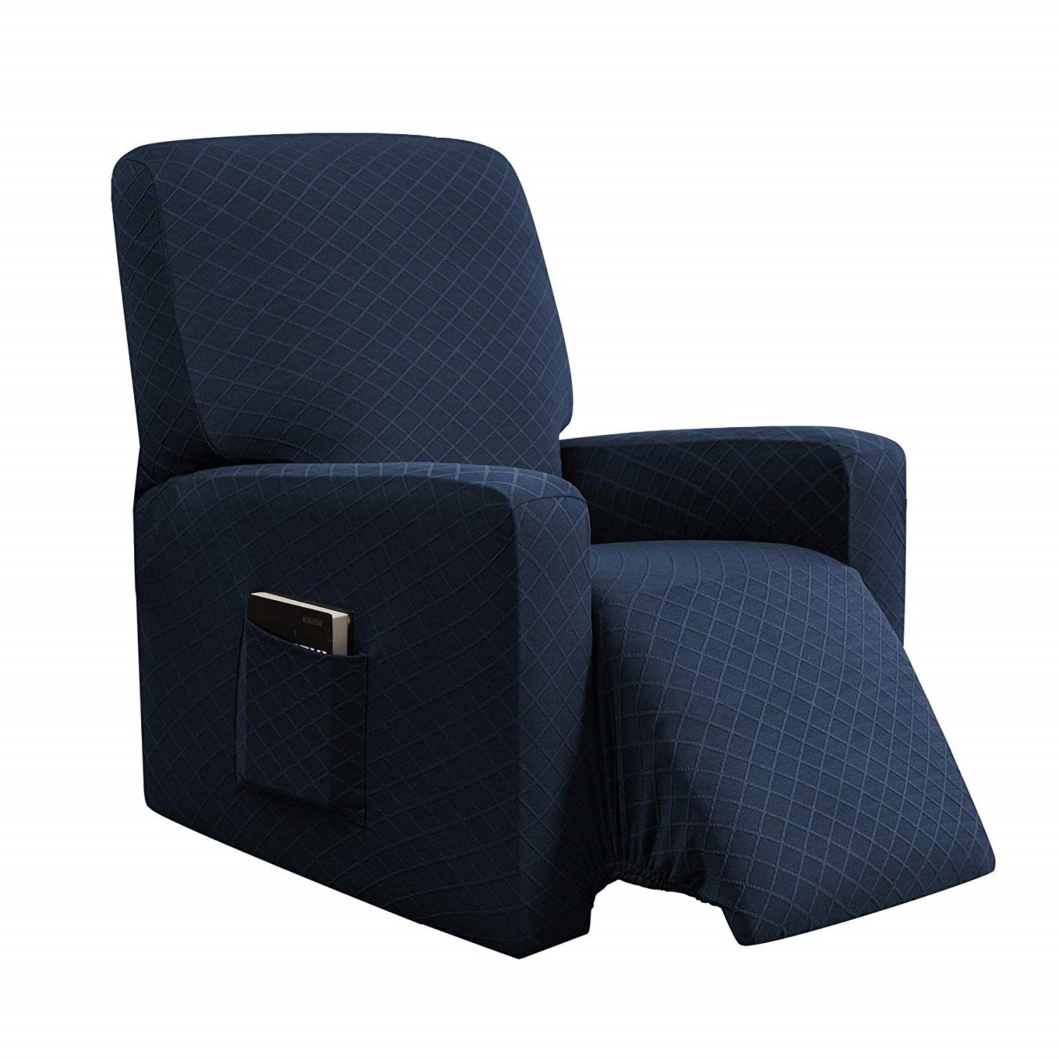 Enova Home Ultra Soft Rhombus Stretch Fabric Recliner Slipcover with Elastic Bottom Side Pocket (Dark Blue)