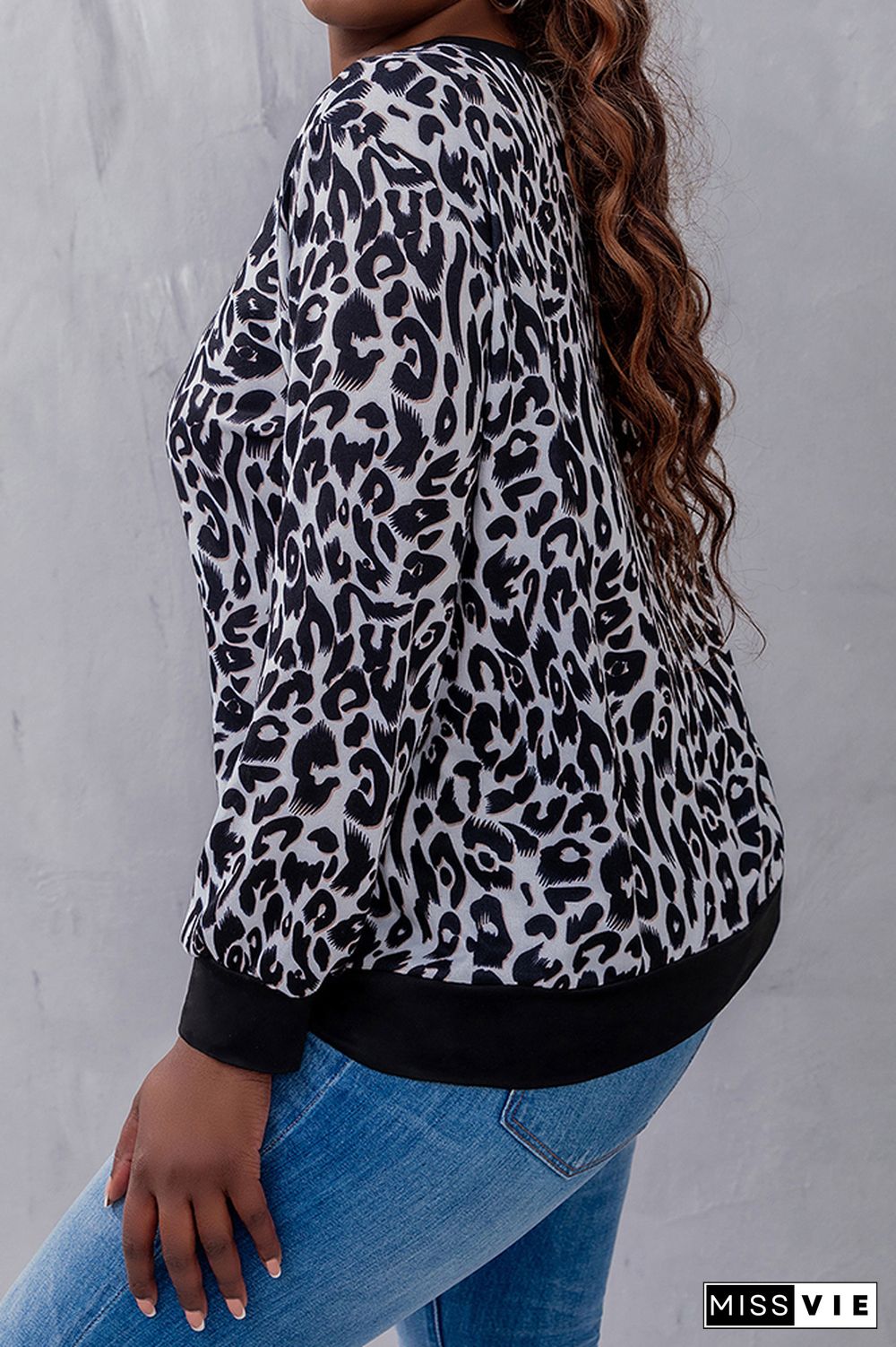 Plus Size Leopard Patchwork Long Sleeve Top