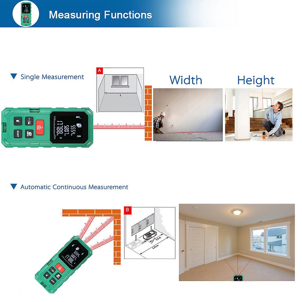 40m Portable Handheld Digital Laser Distance Meter High Precision Range Finder Length Area Volume Measurement 20 Group Data Storage With Vtn Lcd Green