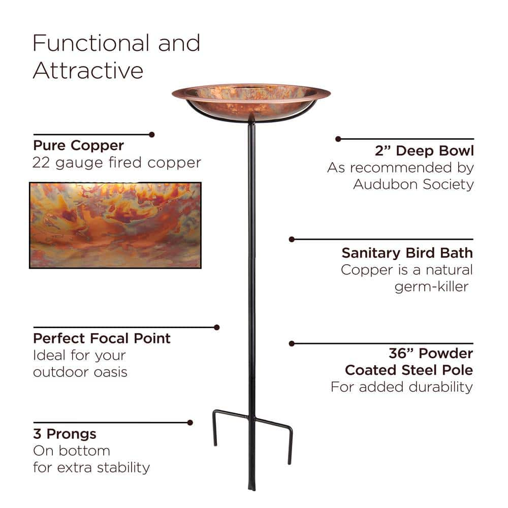 Good Directions Pure Copper Birdbath， Featuring a Hand-Applied Fired Finish and a Multi-Pronged Garden Pole BBG-3