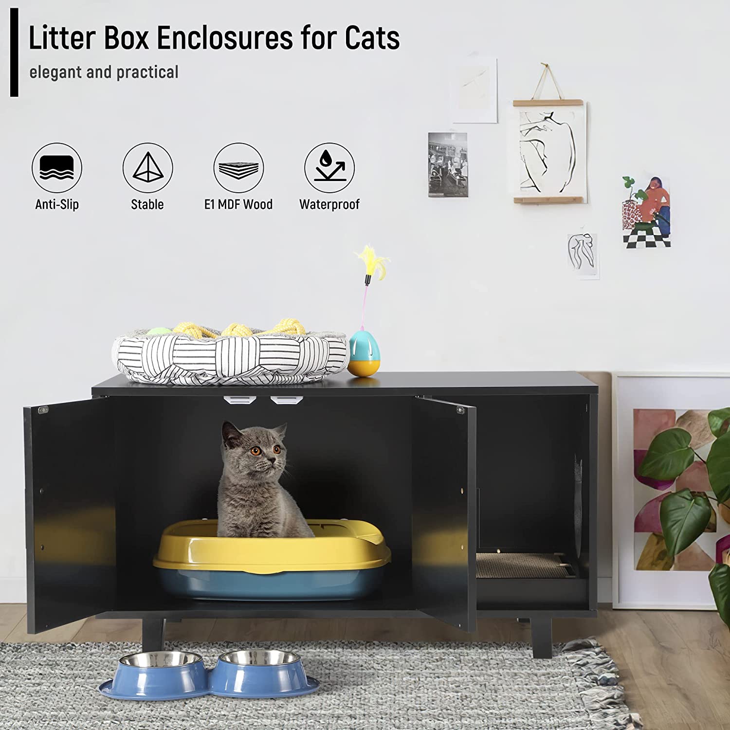 KIGOTY 33''L Cat Litter Box Enclosure， Cat Litter Box Furniture Hidden Cat Washroom Furniture House Table Nightstand with Cat Scratch Pad， Black