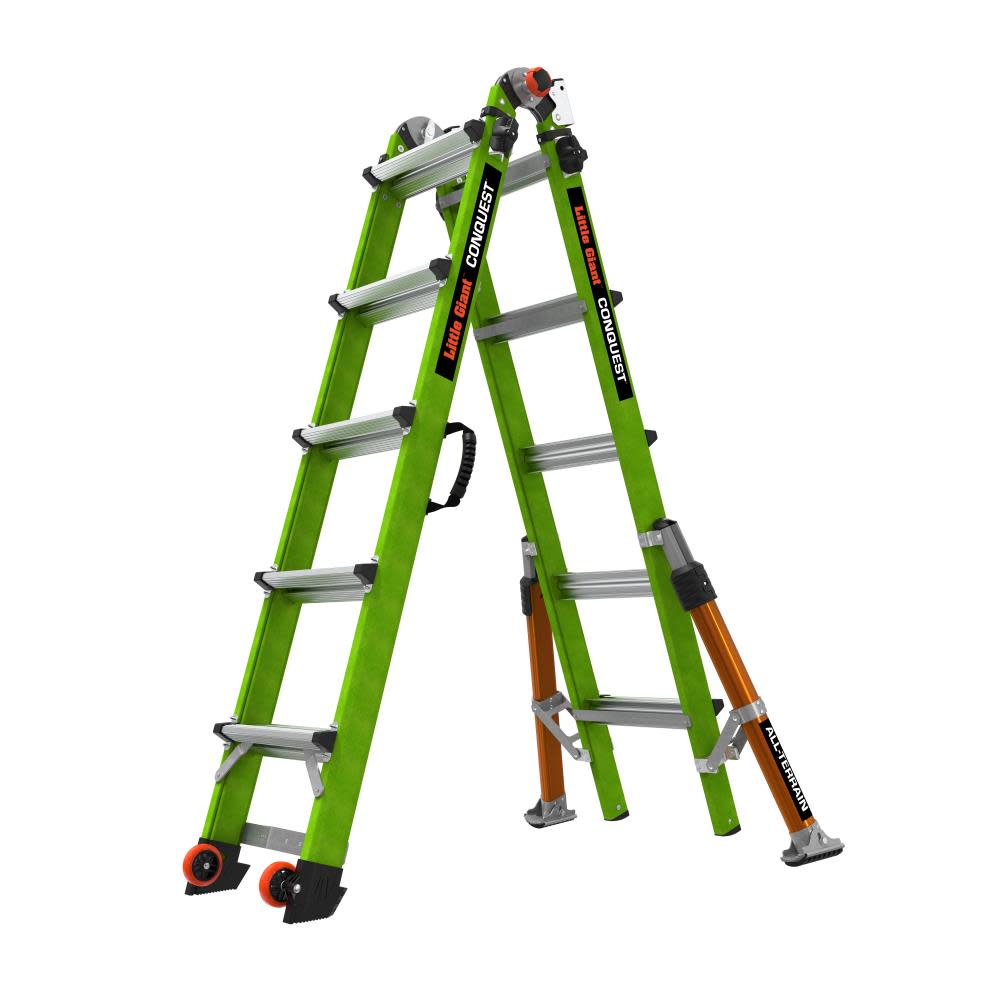 Conquest All-Terrain, Model 22 - ANSI Type 1A - 300 lb Rated - Fiberglass Articulated Extendable Ladder with Adjustable Outriggers, Accessory Ports, Carry Handle, V-Bar and Tip & Glide Wheels