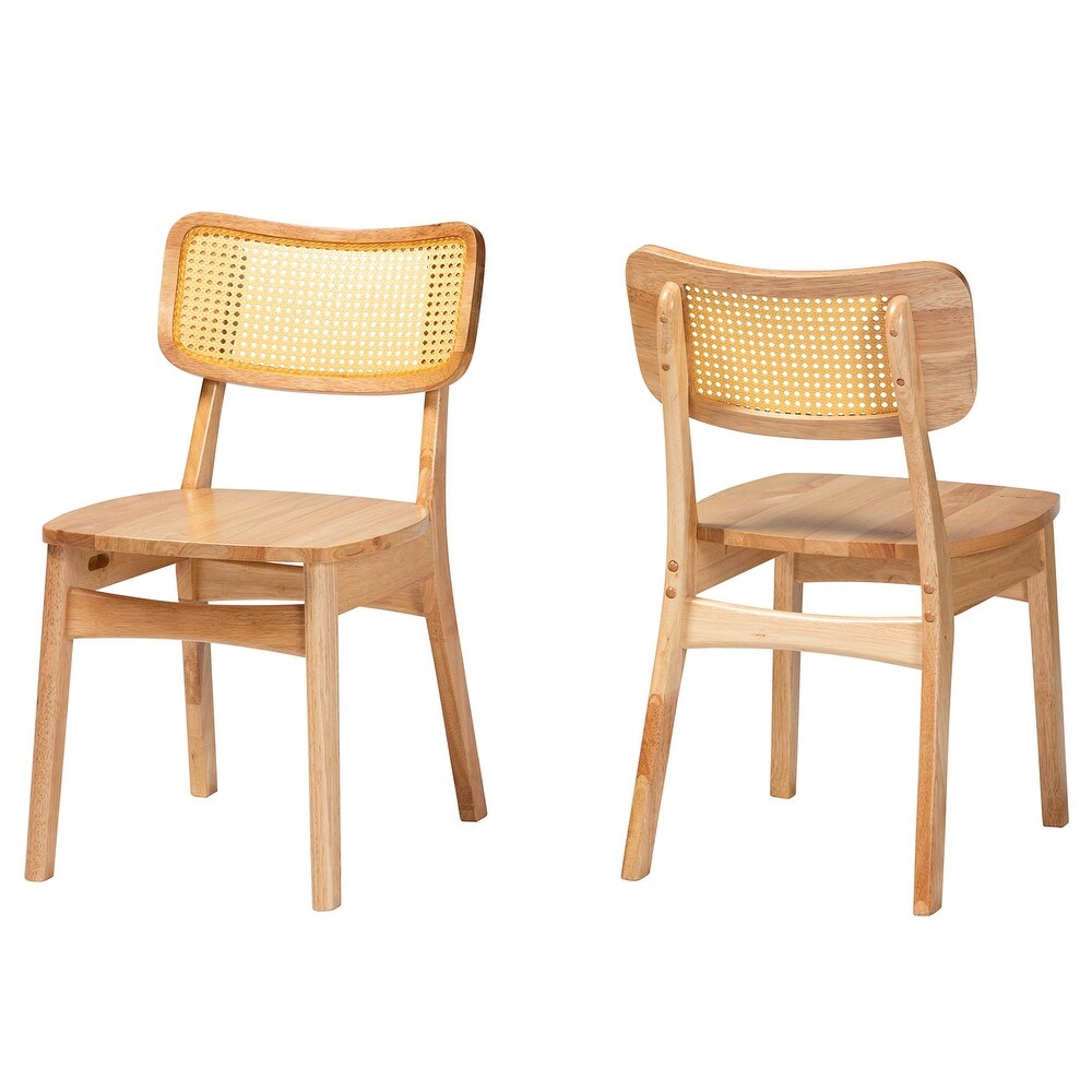 Tadeo Mid Century Modern Oak Brown Finished Wood and Rattan 2 Piece Dining Chair Set