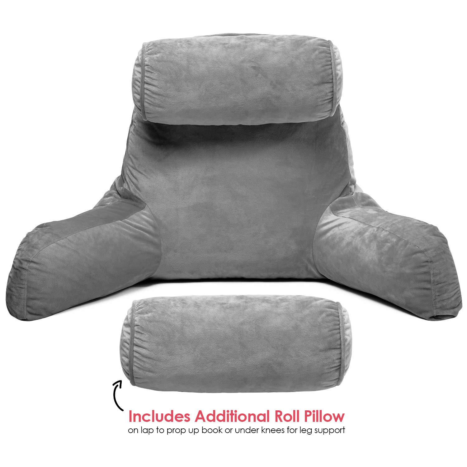 Clara Clark Bed Rest Reading Pillow with Arms and Pockets  Premium Shredded Memory Foam TV Pillow， Detachable Neck Roll and Lumbar Support Pillow， Large， Gray