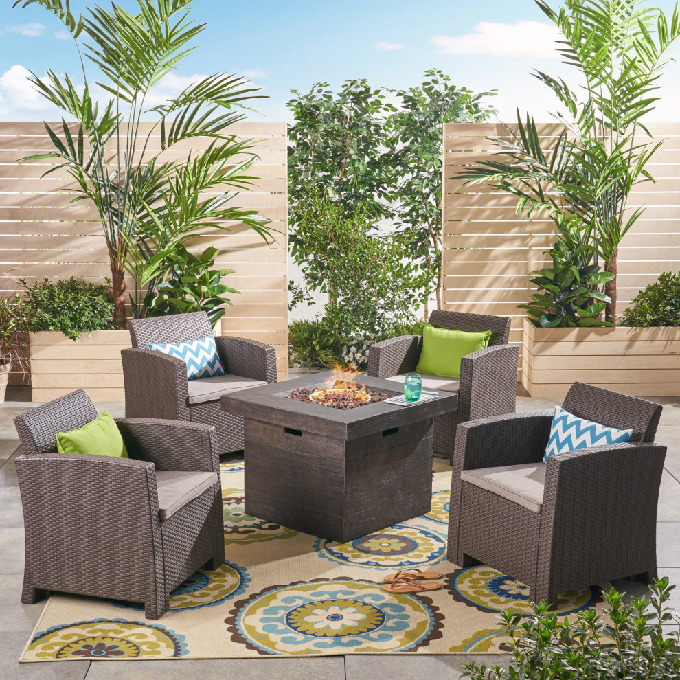 GDF Studio Ollie Outdoor Wicker Print Club Chair Chat Set With Fire Pit   Tropical   Outdoor Lounge Sets   by GDFStudio  Houzz