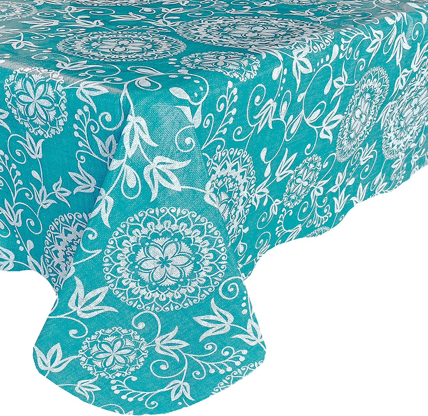 Newbridge Amiel Shabby Chic Medallion Vinyl Flannel Backed Tablecloth - 70 Inch Round, Blue