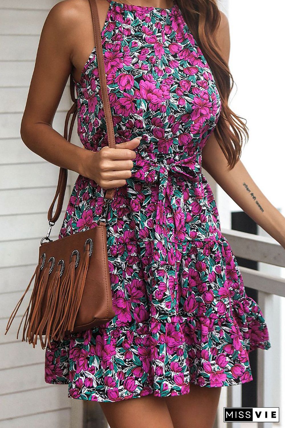 Floral Print Halter Mini Dress Wholesale