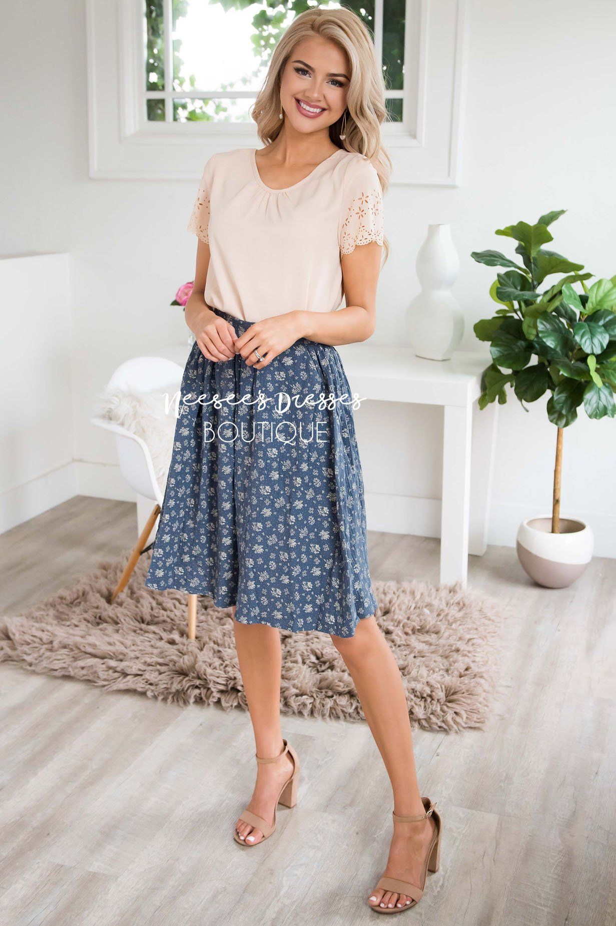 Slate Blue & Cream Modest Textured Skirt