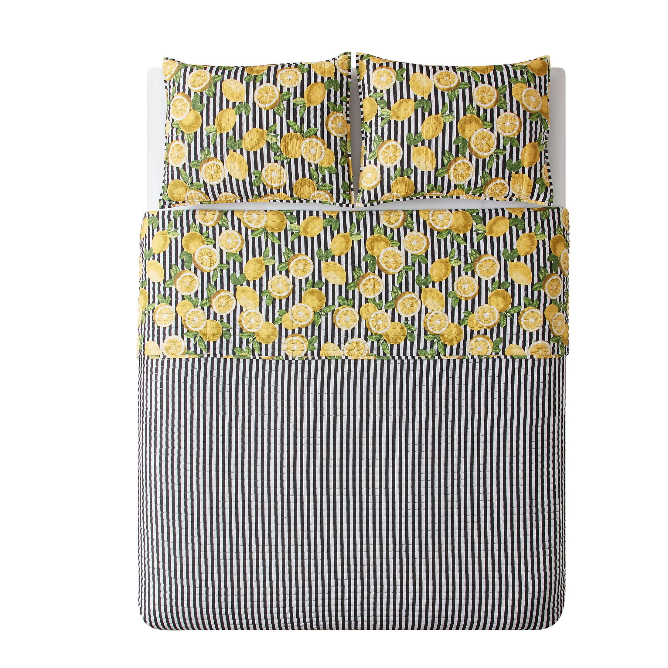 Yellow Lemons Stripe Reversible Quilt Set with Tote， Mainstays， King， 4 Pieces