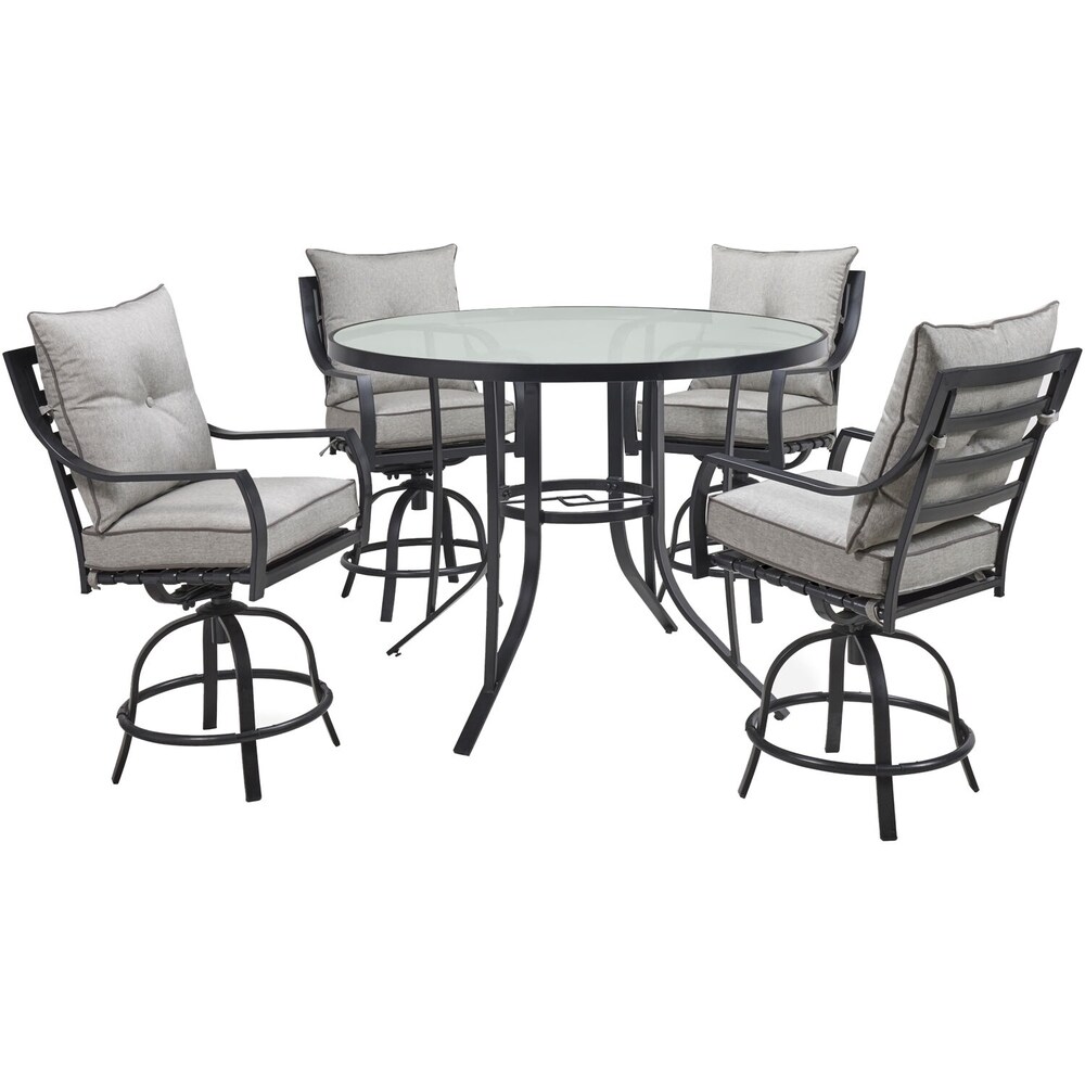 Hanover Lavallette 5 Piece Counter Height Dining Set in Silver Linings with 4 Swivel Chairs and a 52 In. Round Glass Top Table