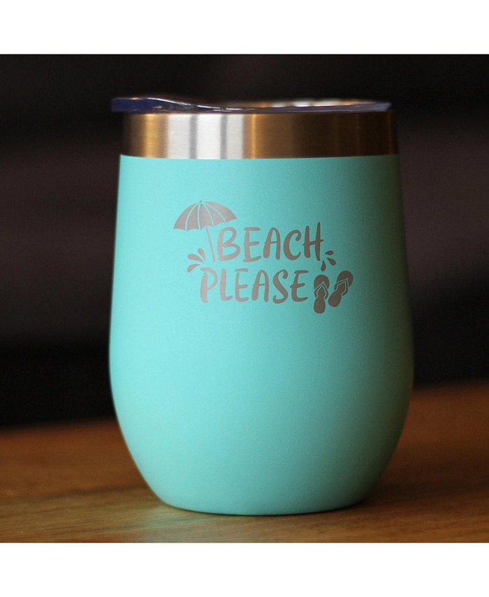 Bevvee Beach Please - Travel Wine Tumbler with Sliding Lid - Stemless Stainless Steel Insulated Cup - Cute Funny Outdoor Camping Gift