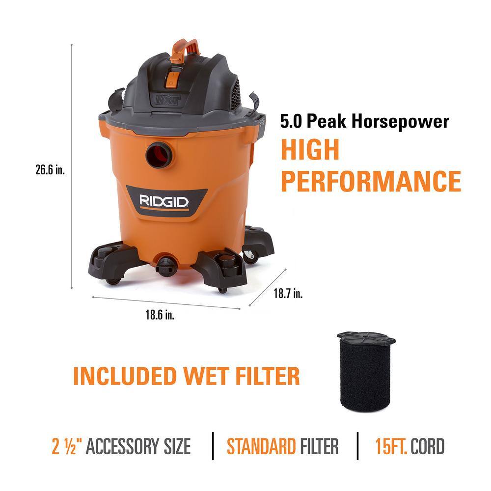 RIDGID 12 Gallon 5.0 Peak HP NXT WetDry Shop Vacuum with Filter Locking Hose Accessories and Wet Application Filter HD1200C