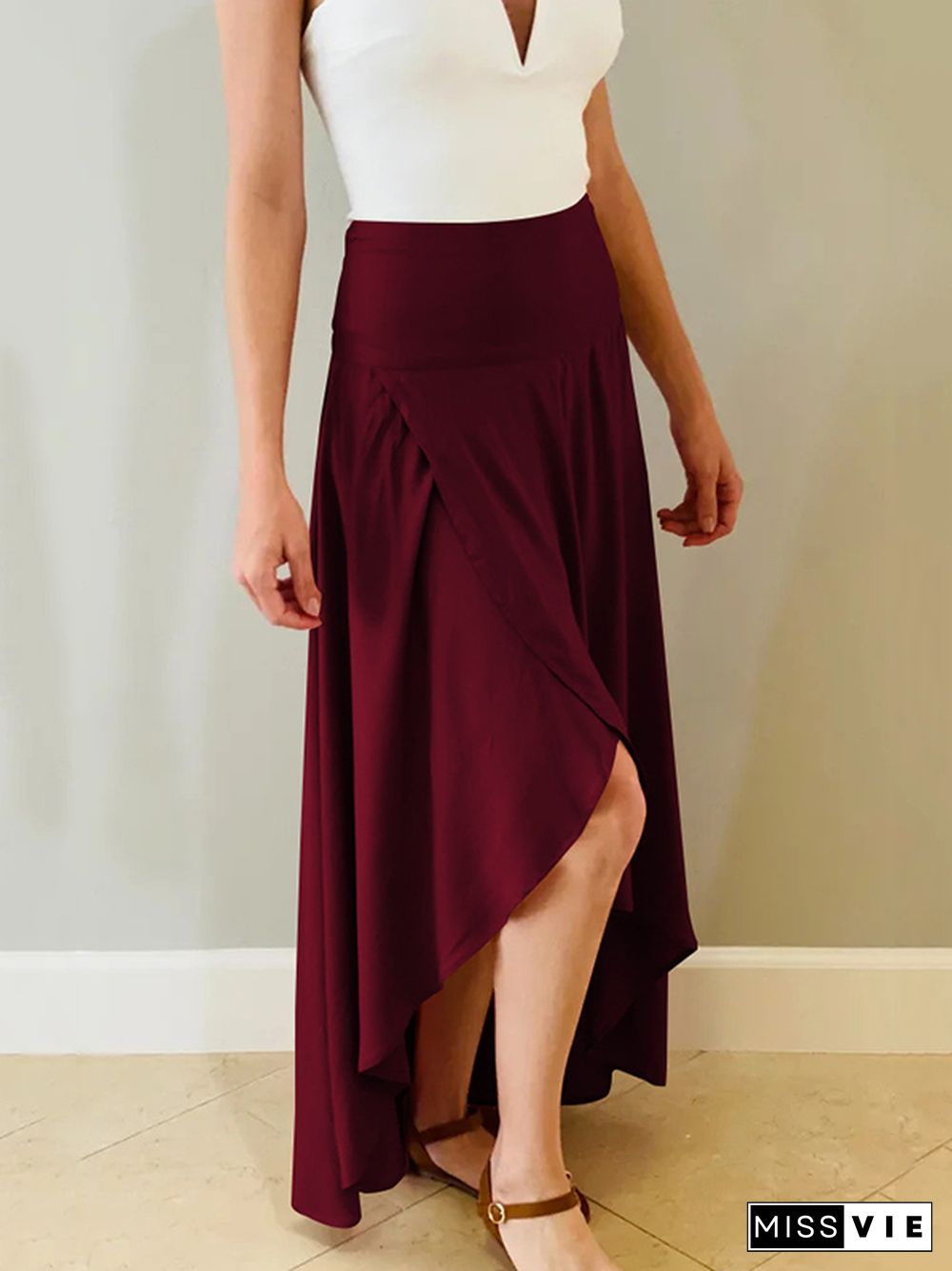 Simple  Asymmetric Split-Front Falbala Solid Color  Skirts Bottoms