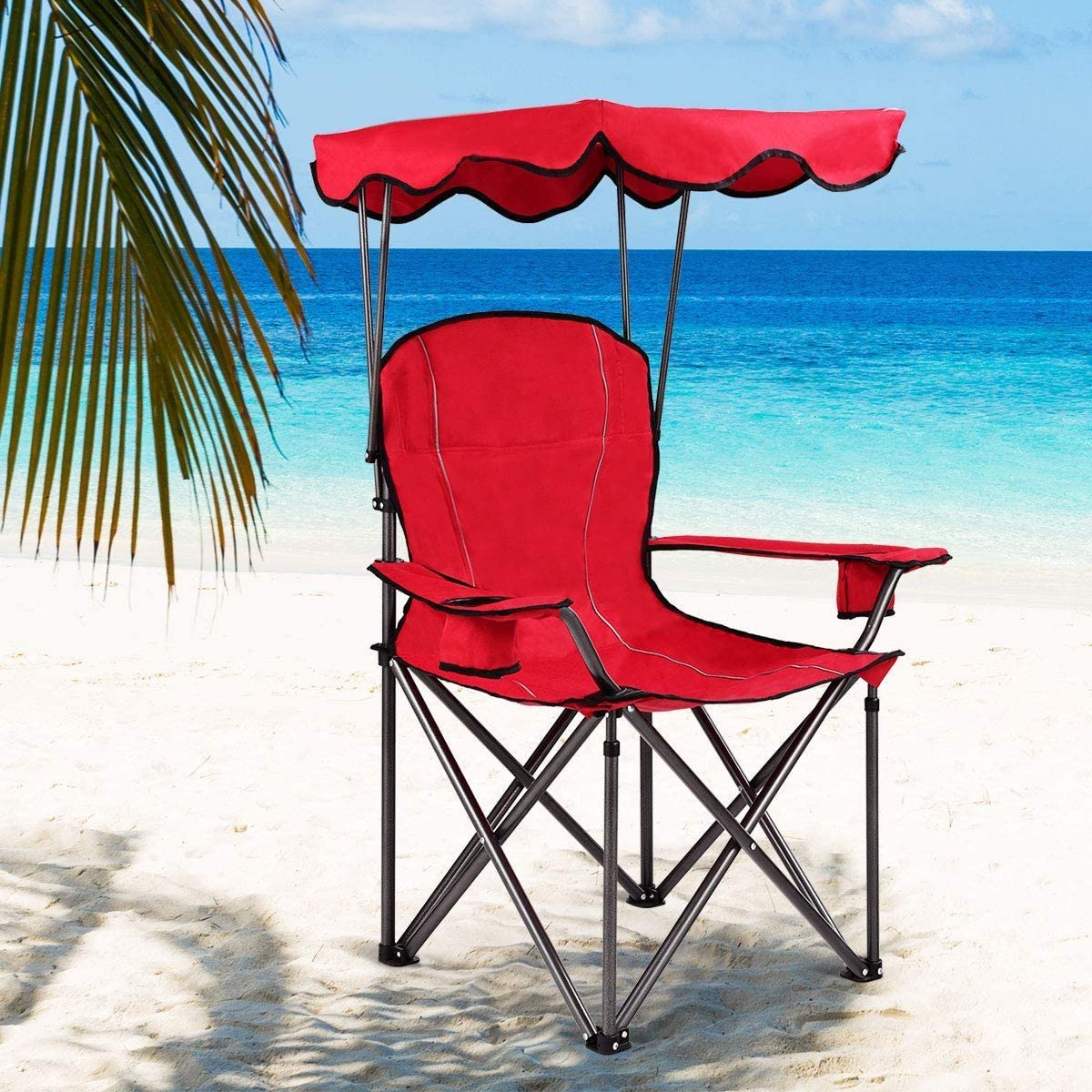 Beach Chair with Canopy Shade, Folding Lawn Chair with Umbrella Cup Holder & Carry Bag, Portable Sunshade Chair for Adults for Outdoor Travel Hiking Fishing, Red