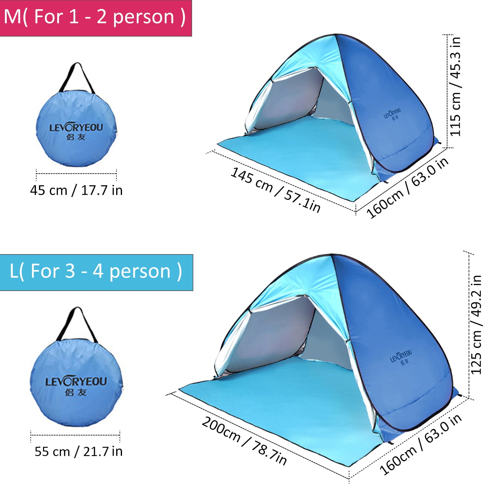 LEVORYEOU Automatic Up Beach Tent Cabana Portable UPF 50+ Sun Shelter Camping Fishing Hiking Canopy  for 3 - 4 Person