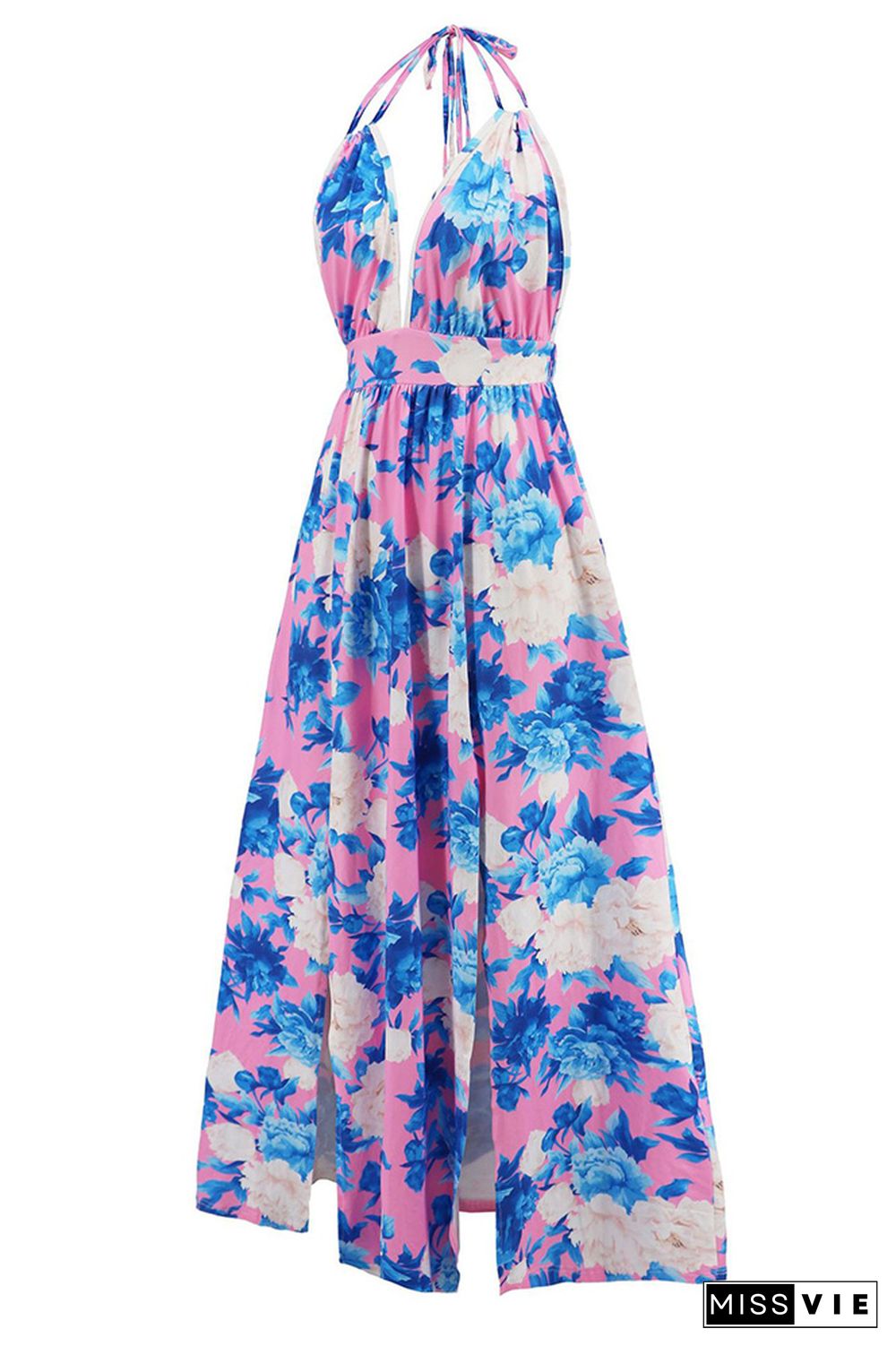 V Neck Halter Backless High Split Floral Maxi Dress