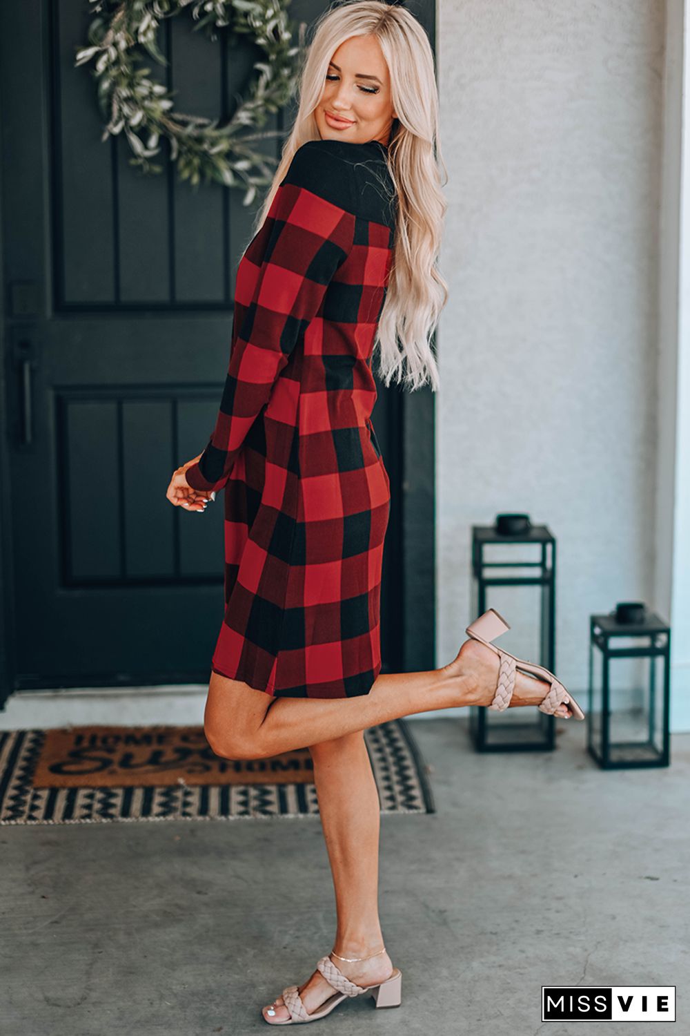 Buffalo Plaid Splicing Long Sleeve Mini Dress