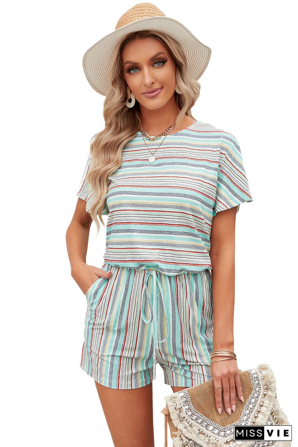 Green Striped Short Sleeve Romper