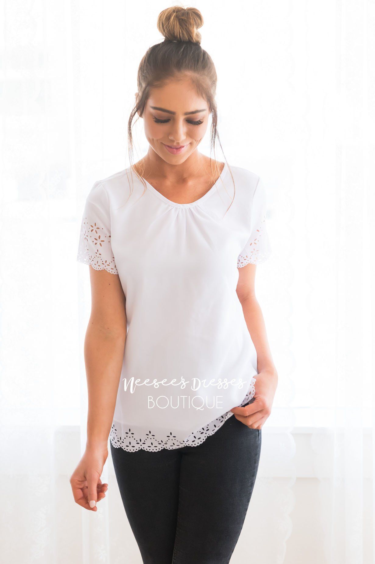 Living In The Moment Modest Eyelet Blouse