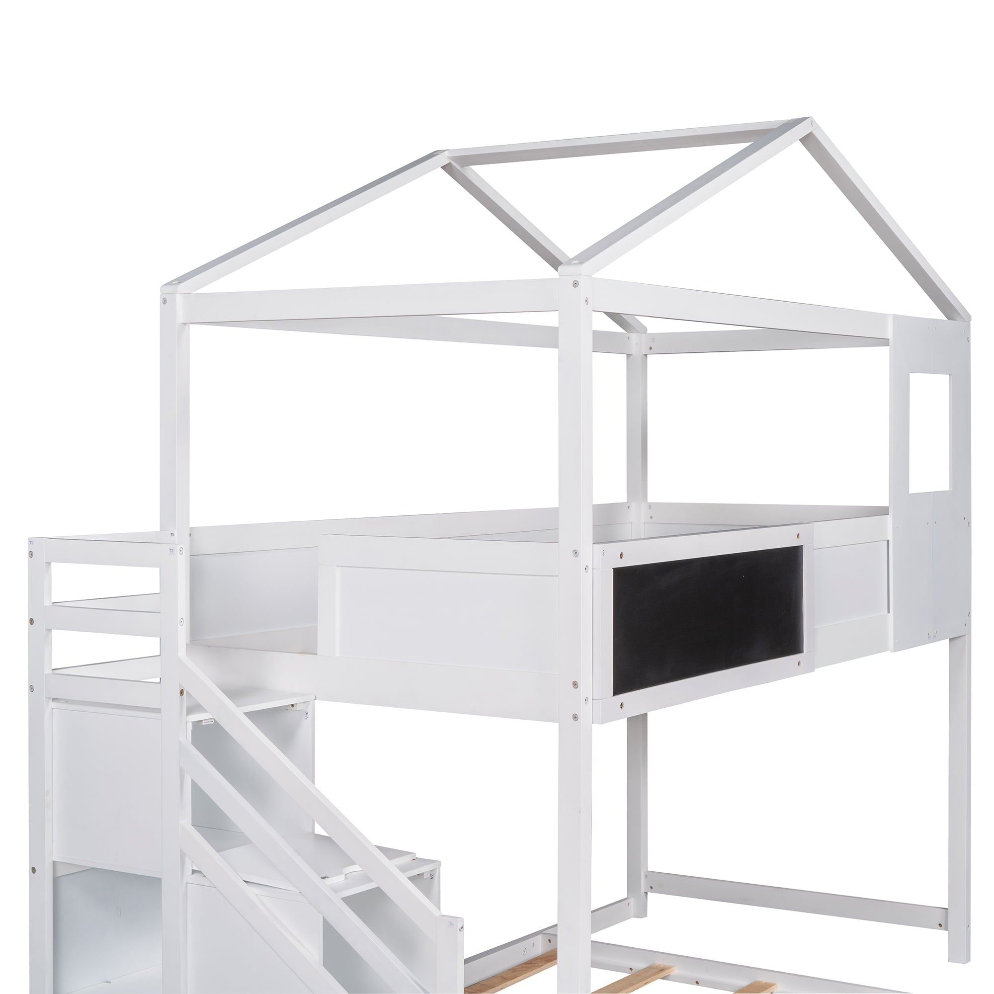 EUROCO Twin over Full House Bunk Bed with Storage Staircase and Blackboard for Kids Bedroom, White