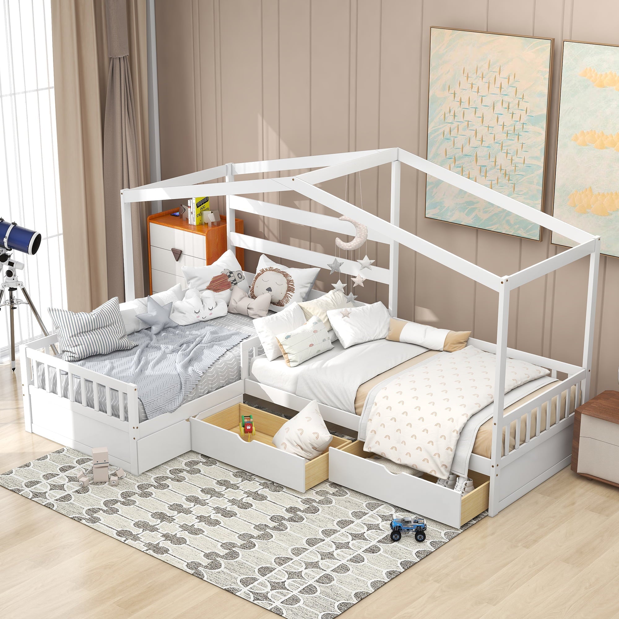 Wood Twin Double House Bed with Three Drawers for Kids, White