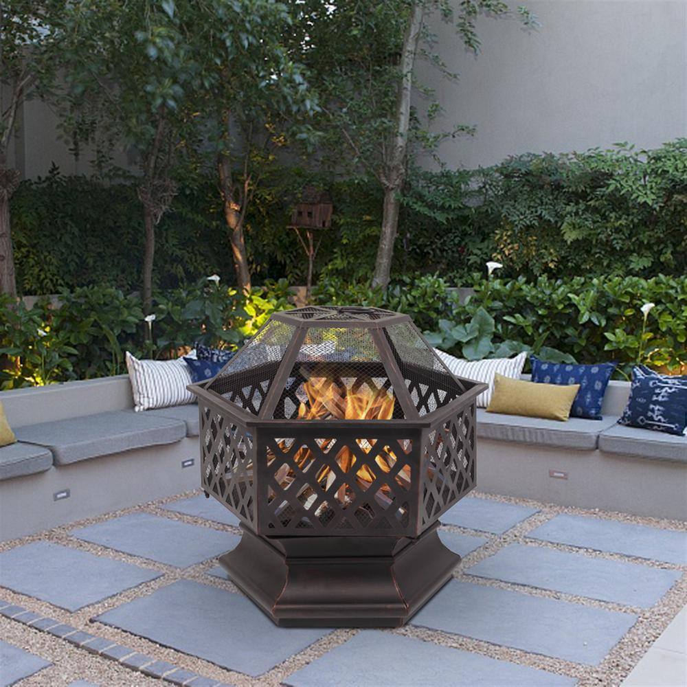 22 in. W x 22.6 in. H Outdoor Hexagonal Iron Wood Burning Cupreous Fire Pit LPF-06542003