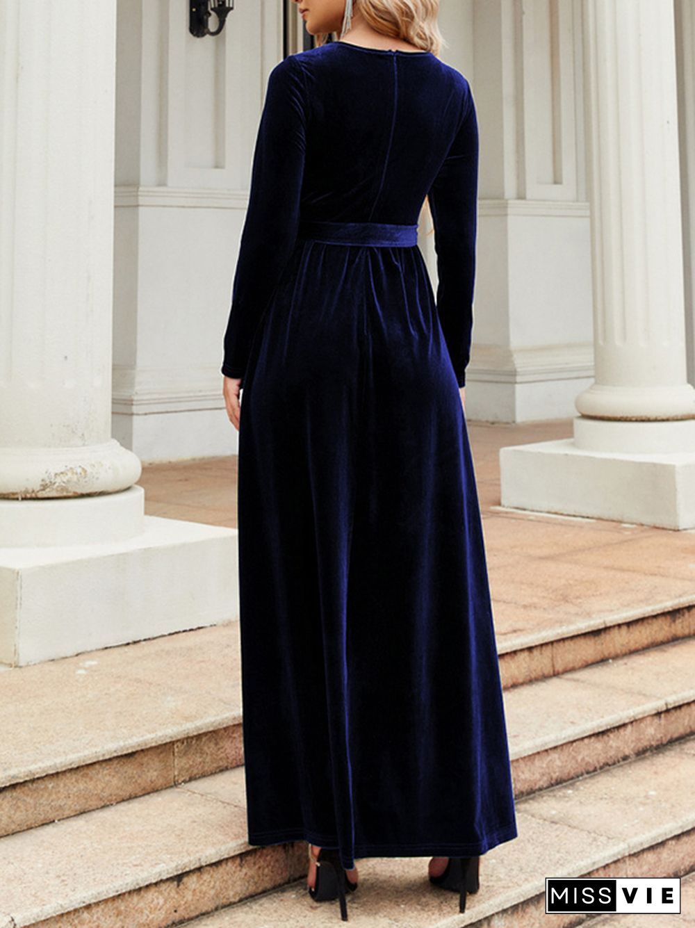 Long Sleeves Wrap Belted Pleated Solid Color Zipper Round-Neck Maxi Dresses