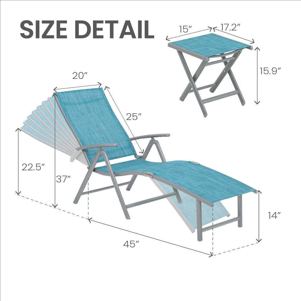 VredHom Outdoor Portable Folding Chaise Lounge Chair with Table (Set of 3)   70\