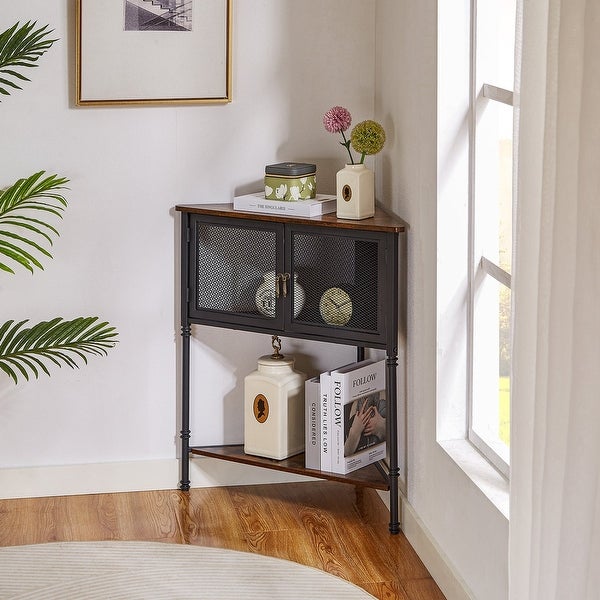 Triangle Side Table Set of 2 Corner Table with 3-tier Storage Shelf， Rustic Brown