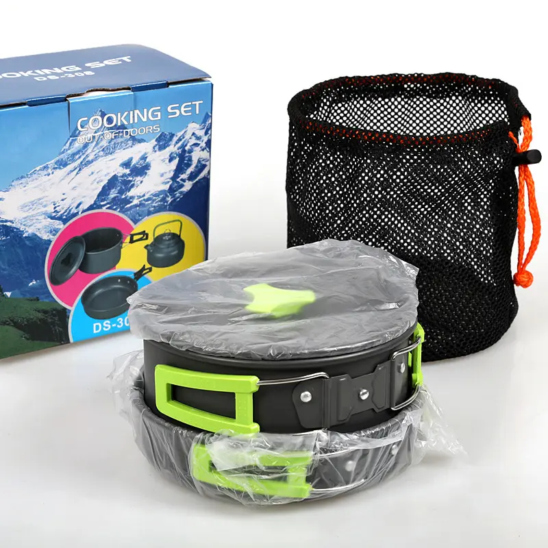 Outdoor DS 308 Pot Set Combination Alumina Portable Camping Pans With Accessories Mesh Set Bag For Backpacking  Hiking  Picnic