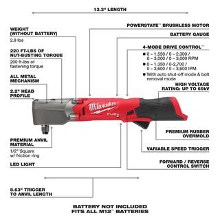 MW M12 FUEL 12V Lithium-Ion Brushless Cordless 12 in. Right Angle Impact Wrench (Tool-Only) 2565-20