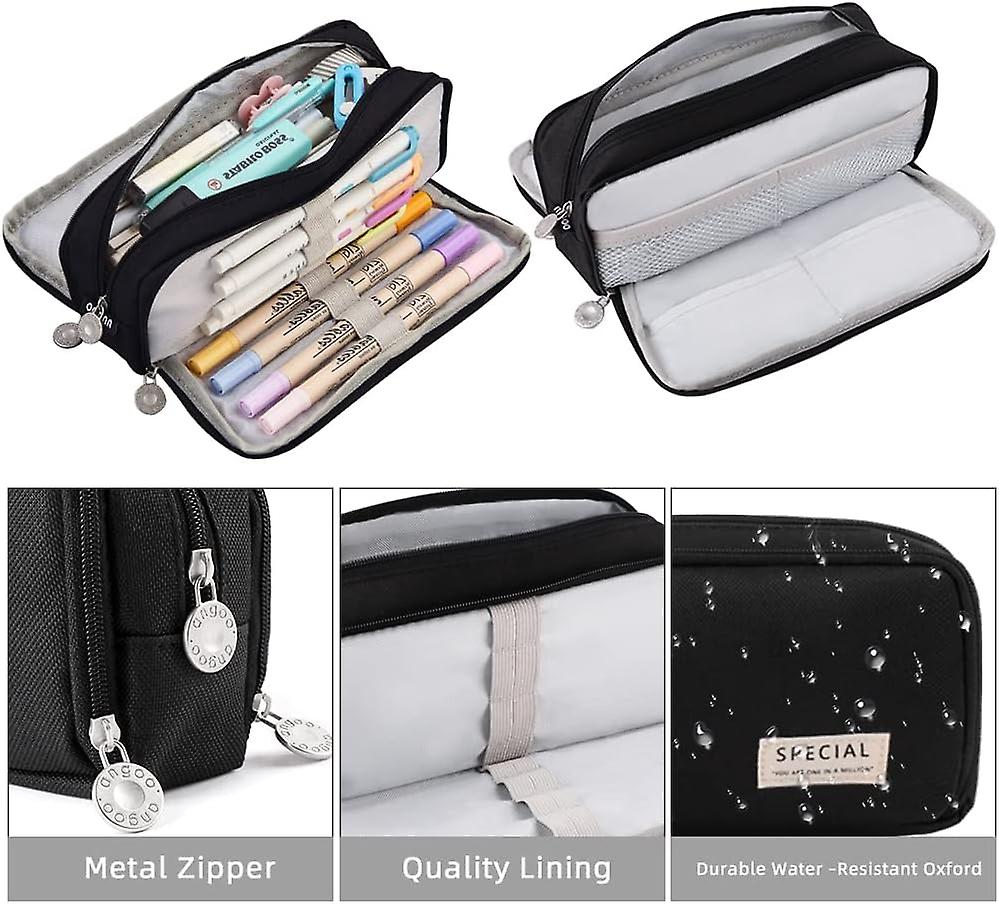 Large Pencil Case 4 Compartments Pencil Pouch Big Capacity Pencil Bag Oxford Storage Pen Bag Cosmetic Makeup Pouch For Women-black