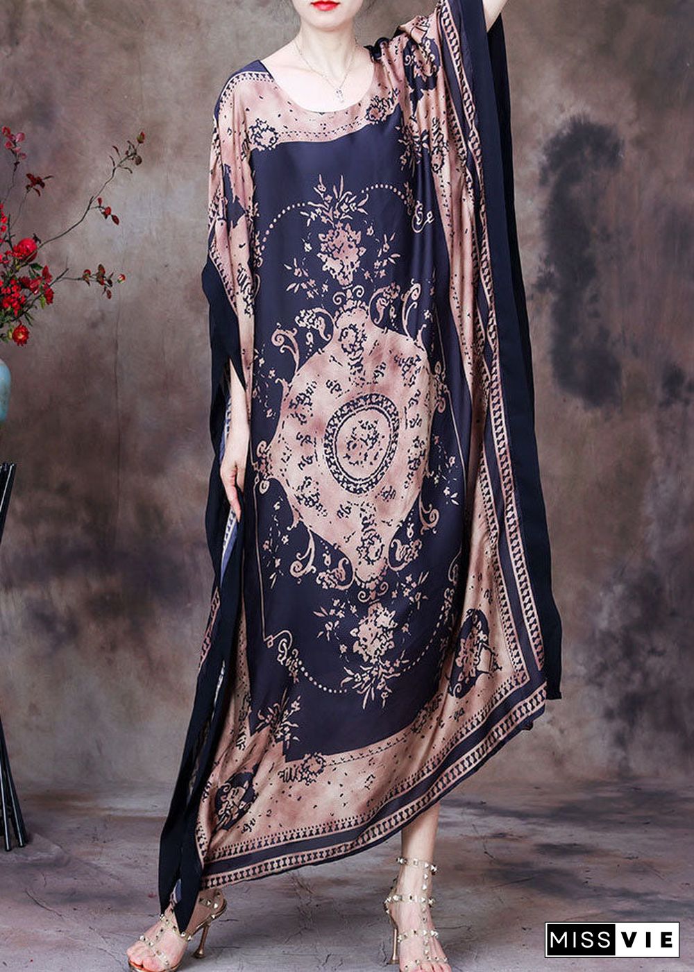 Modern Chocolate O-Neck Print Silk Long Dress Gown Batwing Sleeve