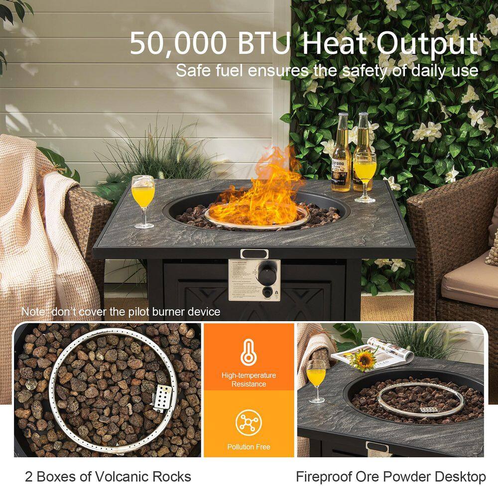 Costway 50000 BTU Propane 32 in. Stone Metal Fire Pit Table Square Tabletop with Lava Rocks Cover NP10464US-BK