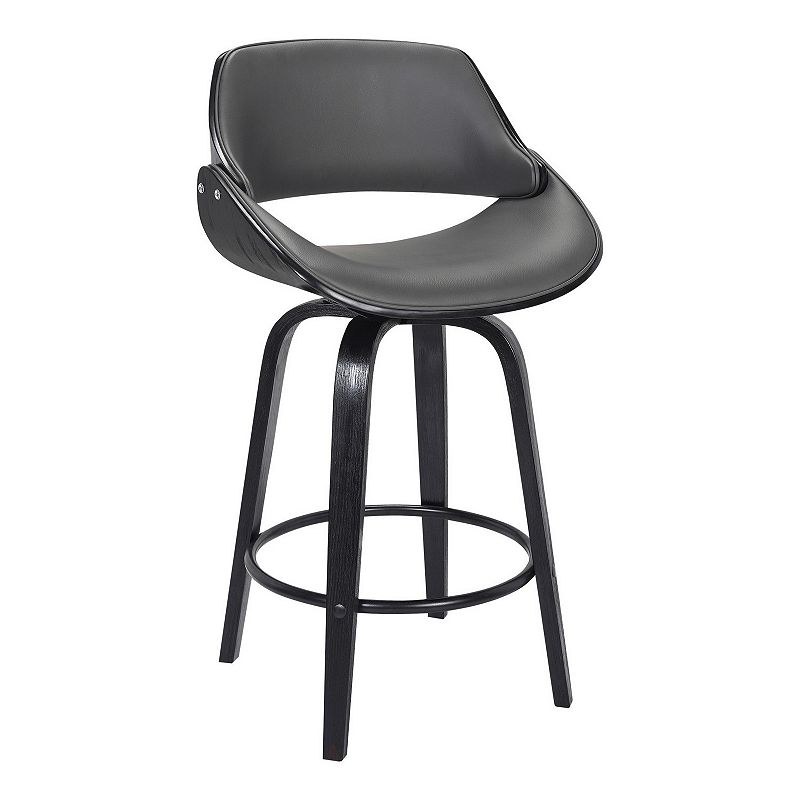 26 Inch Leatherette and Wooden Swivel Barstool， Black and Gray