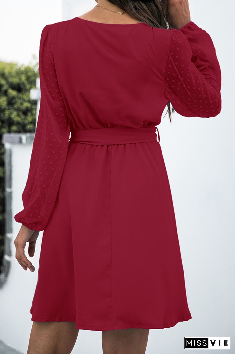 Solid Jacquard V Neck Lace-up Longsleeve Dress Wholesale