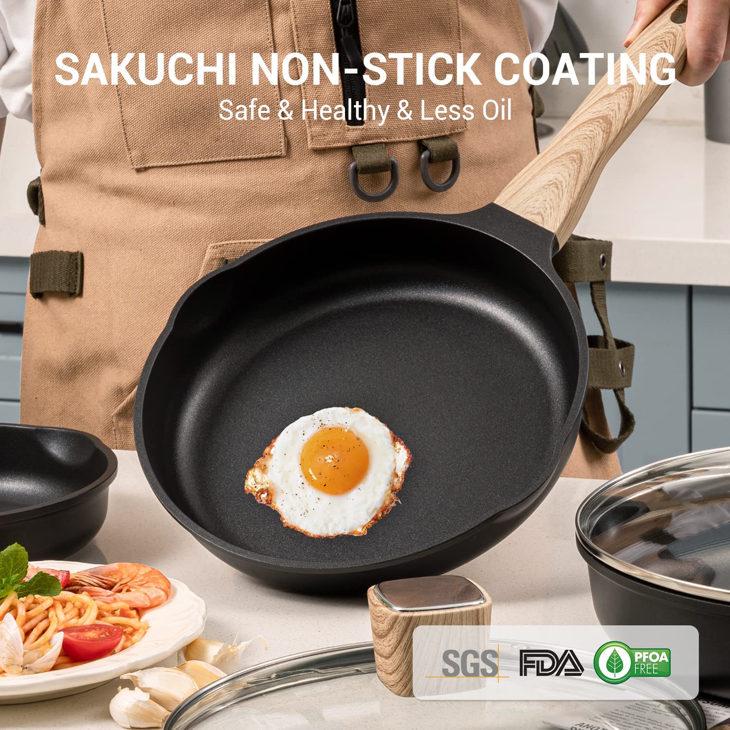 Sakuchi 8 Sets Of 5 POTS，Induction Cookware，Nonstick Kitchen Cookware Set，1.Induction Compatible with Frying Pan，2.Saucepan，3.Sauté Pan，4.Grill Pan，5.Grill Pan，Cooking Pots，NO PFOA