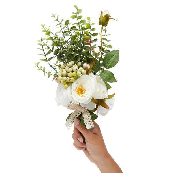 White Silk Roses，Eucalyptus and Berry Bridal Bouquet，Wedding Centerpiece (15.7x7 In)