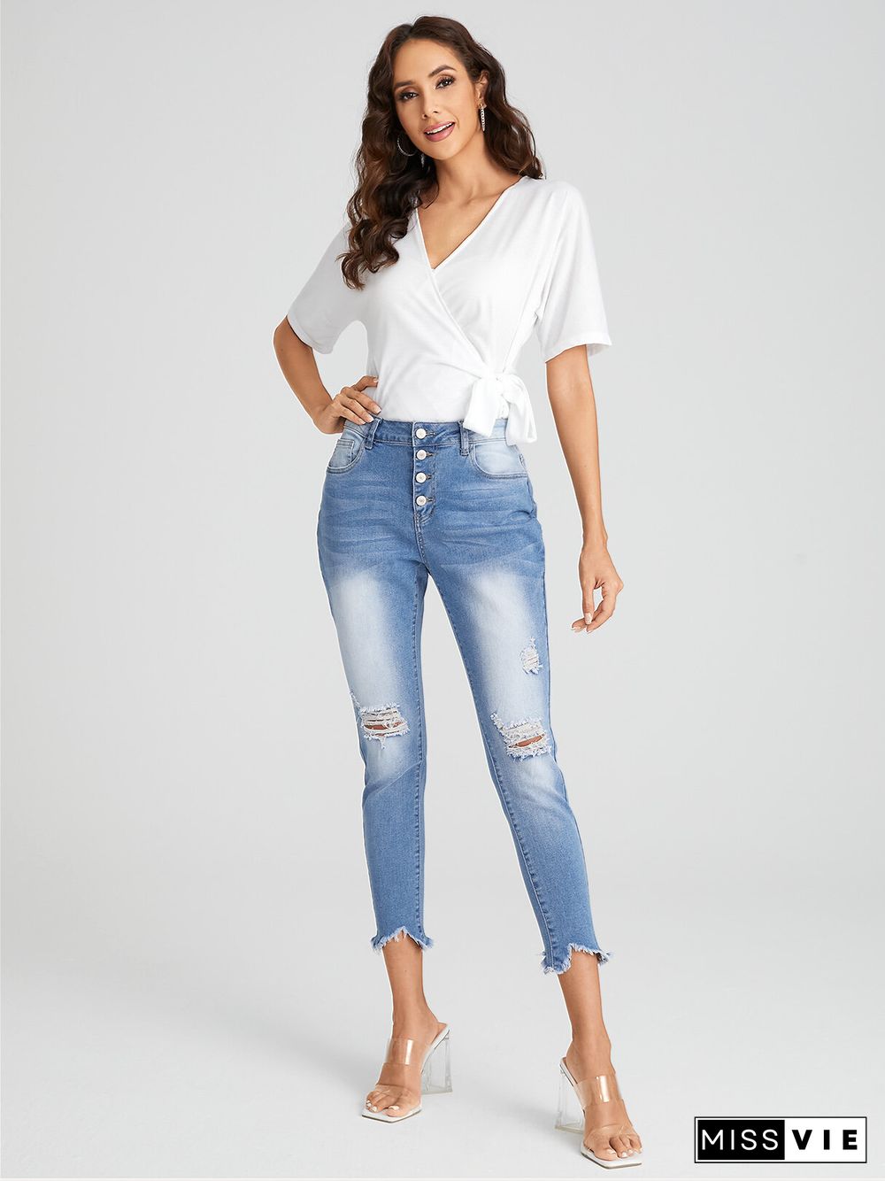 Ripped Washed Button Fly Pencil Jeans With Pocket