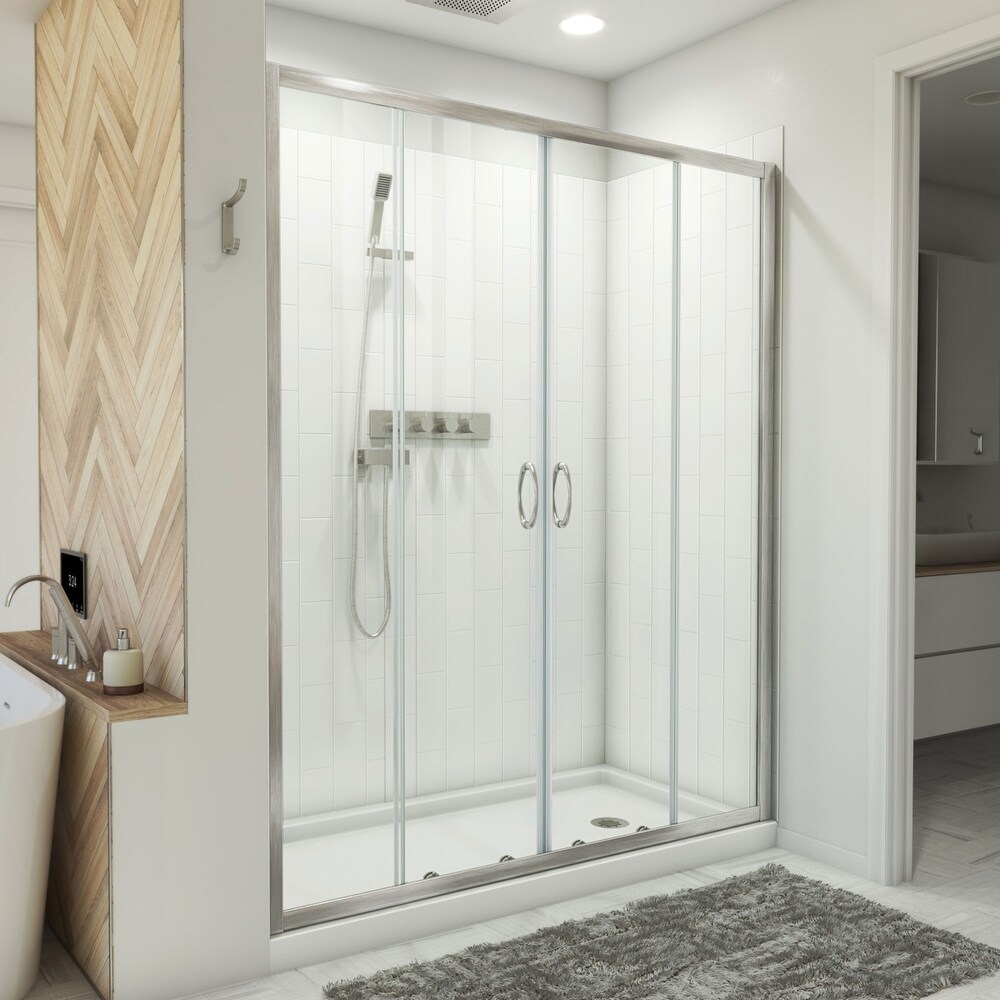 DreamLine Visions 30 in. D x 60 in. W x 78 3/4 in. H Sliding Shower Door  Base  and White Wall Kit in Brushed Nickel