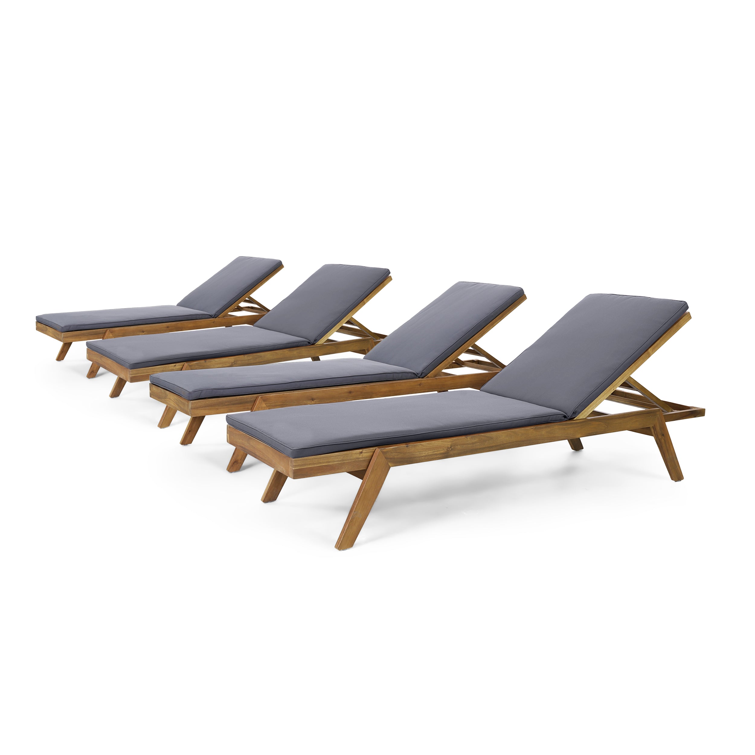 Larimore Outdoor Acacia Wood Chaise Lounge with Water Resistant Cushions, Set of 4